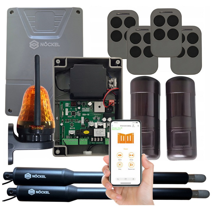 Комплект автоматизация за портална врата Nockel NX300 (00287_1) с WiFi/Bluetooth, 2x електромеханични задвижвания 3 м 300 кг, контролен блок, фотоклетки, сигнална лампа, 4x дистанционни управления, IP55, сив/черен