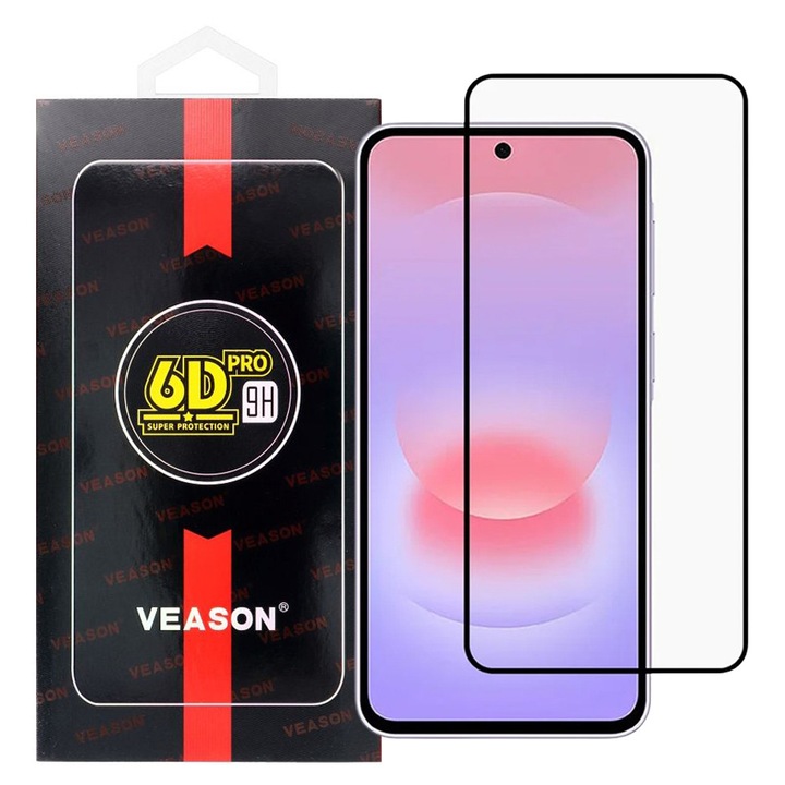 Samsung Galaxy A37 5G kompatibilis üvegfólia, előlapi, edzett, hajlított, fekete kerettel, Veason 6D Pro