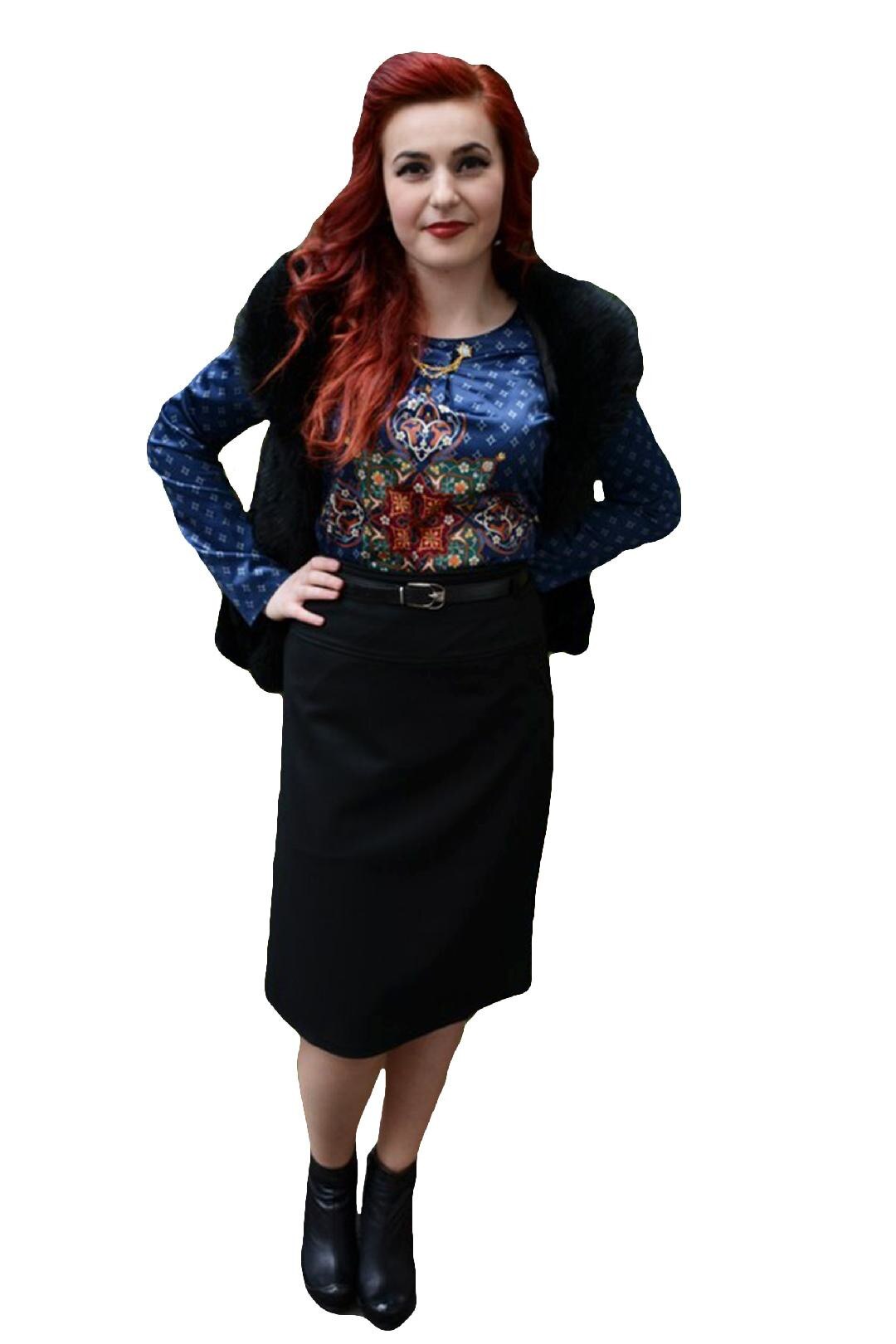 Fusta cu insertie tip buzunar cu strasuri, masura mare, D&J Exclusive, Negru, 50