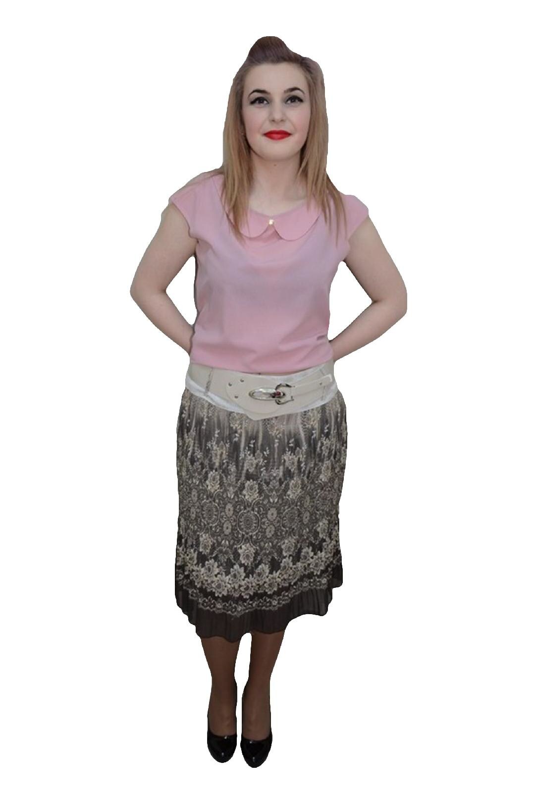 Fusta eleganta din voal cu model plisat si imprimeu floral, D&J Exclusive, Maro