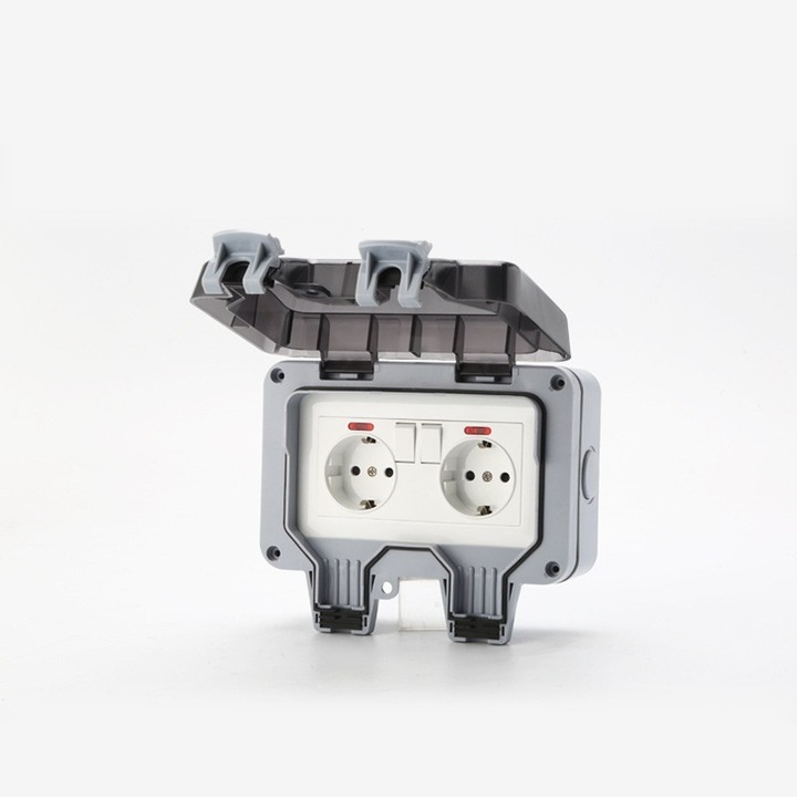 Priza de exterior IP66 model 0806BM-BST4010321 cu 2 prize si intrerupatoare blocabile, ABS, 16A 220–240V, cablu max 2.5 mm², gri/alb