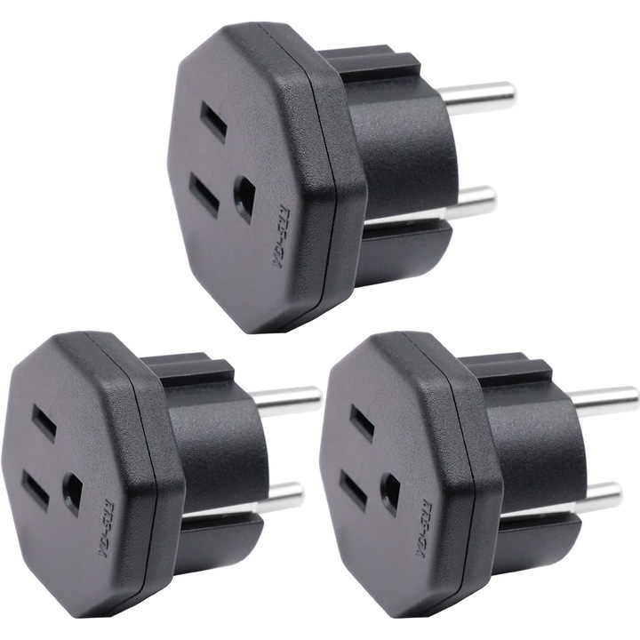 Adaptor de priza 0806BM-BST4011389, pentru stecher US/CA/JP (masculin) la priza EU/DE/FR/IT/ES (feminin), compact, negru, set 3 buc