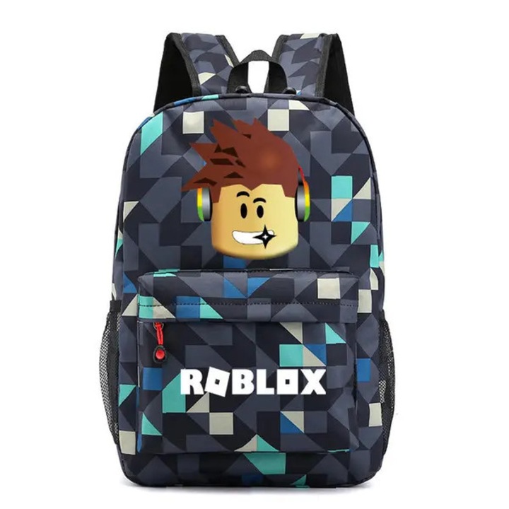 Rucsac din panza cu logo Roblox, model IZO-CJ-K0497-260806-053, imprimeu geometric, buzunar frontal si bretele captusite, multicolor