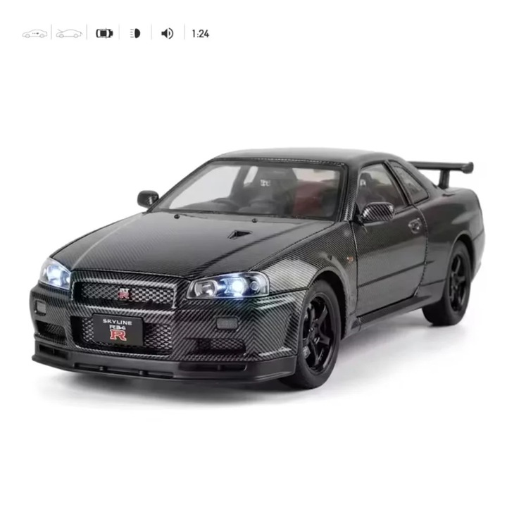 Fém Játékautó Nissan Skyline GT-R, 1:24 Méretarány, Nyitható Ajtók, Motorháztető és Csomagtartó, Fények és Hangeffektek, Die-Cast Modell, Ajándék Fiúknak és Gyűjtőknek, Fekete