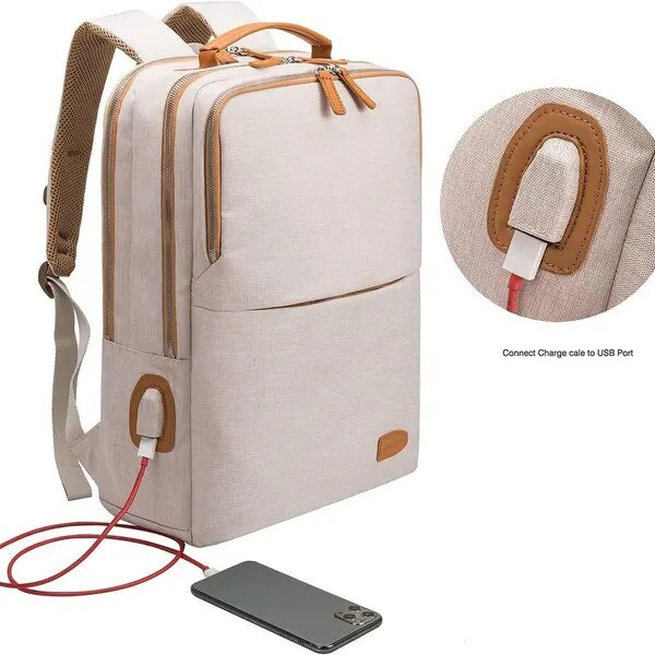 Rucsac laptop din poliester cu port USB, compartiment pentru 15,6'', ergonomic, IZO-CJ-K0497-260806-677, bej, 30 x 18 x 42 cm