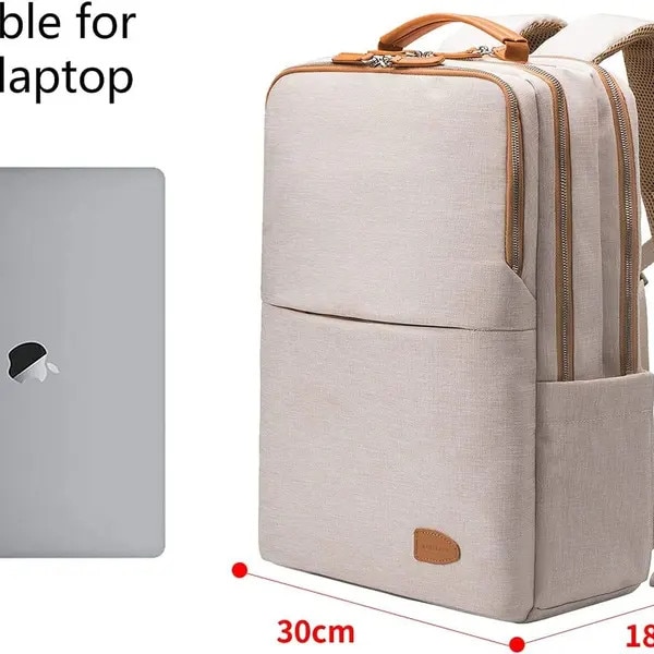 Rucsac laptop din poliester cu port USB, compartiment pentru 15,6'', ergonomic, IZO-CJ-K0497-260806-677, bej, 30 x 18 x 42 cm