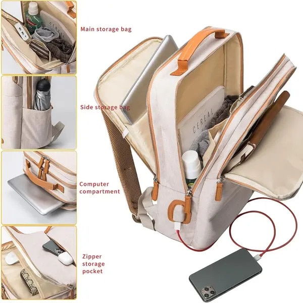 Rucsac laptop din poliester cu port USB, compartiment pentru 15,6'', ergonomic, IZO-CJ-K0497-260806-677, bej, 30 x 18 x 42 cm