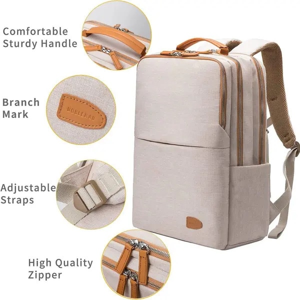 Rucsac laptop din poliester cu port USB, compartiment pentru 15,6'', ergonomic, IZO-CJ-K0497-260806-677, bej, 30 x 18 x 42 cm