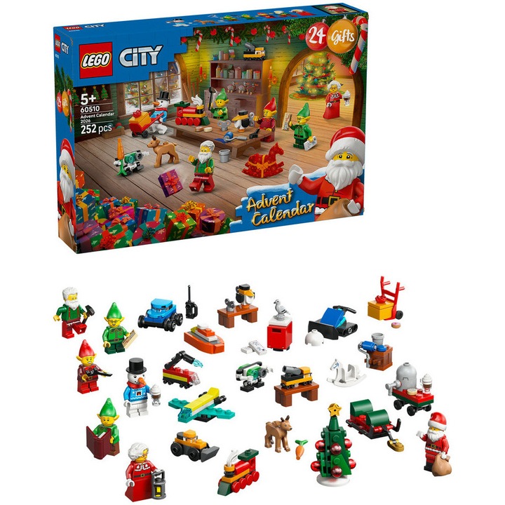 Set de constructie LEGO® City Calendar de advent Atelierul lui Mos Craciun 60510, Jucarii pentru Copii de 5+ ani, Jucarii pentru Baieti si Fete, Idee de Cadou pentru Copii