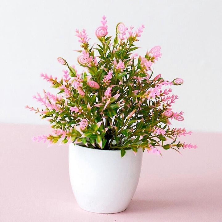Planta artificiala mini in ghiveci, stil bonsai cu flori roz, petale din matase, ghiveci alb, 22 x 17 cm