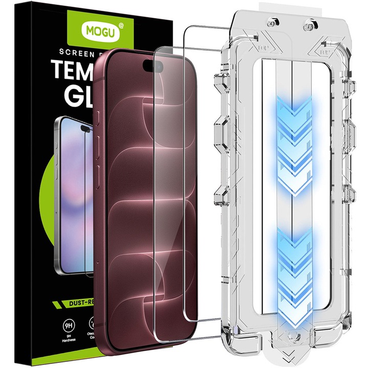 Pachet 2 Folii din Sticla Securizata MOGU® pentru iPhone 18 Pro Max / 17 Pro Max, Aplicator Fara Praf, Fara Margini Negre, 2.5D Transparente HD, 0,33 mm, Strat Oleofob, Compatibile cu Huse，Sensibila la Atingere, Rezistenta la Zgarieturi, Transparente