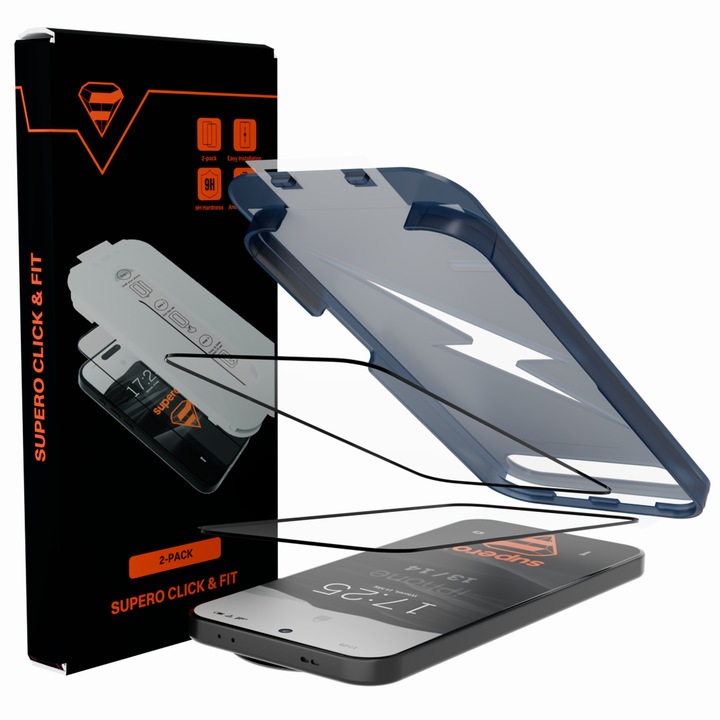 Edzett üvegfólia, SUPERO, Click&Fit applikátor, 9H ellenállás, 0,33 mm vastagság, 2 darab, fekete keret, kompatibilis iPhone 13 / iPhone 14