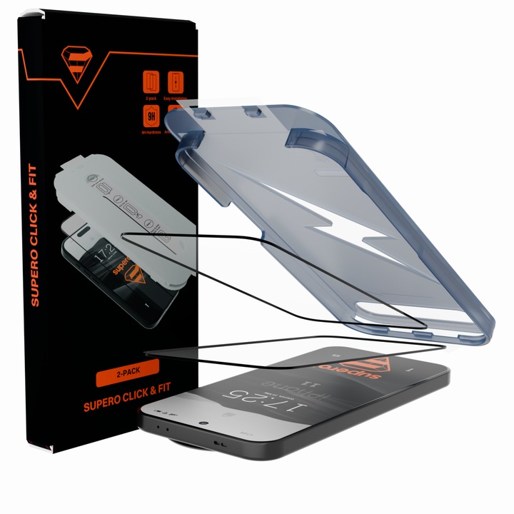 Edzett üvegfólia, SUPERO, Click&Fit applikátor, 9H keménység, 0.33 mm ultravékony, 2 darab, fekete keret, iPhone 11 kompatibilis, oleofób réteg, karcolás elleni védelem