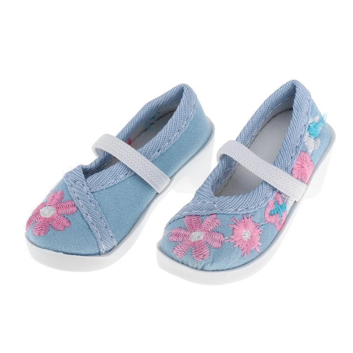 YANYXR, pantofi pentru papusi in textil cu broderie florala si bareta elastica, BCS3209373, albastru, pentru papusi 1/3 (lungime ≈8 cm)