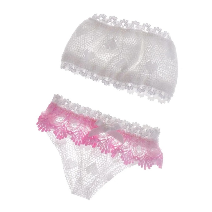YANYXR, Set 2 piese haine pentru papusi 1/4 din bumbac si dantela, top bandeau si chiloti cu vola roz, alb/roz, marime 1/4