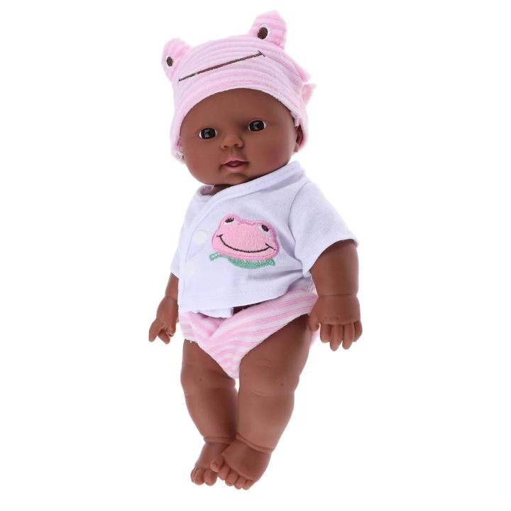 Papusa bebelus YANYXR BCS3210052, simulare realista cu membre mobile si detasabile, 30 cm, ten inchis, haine roz