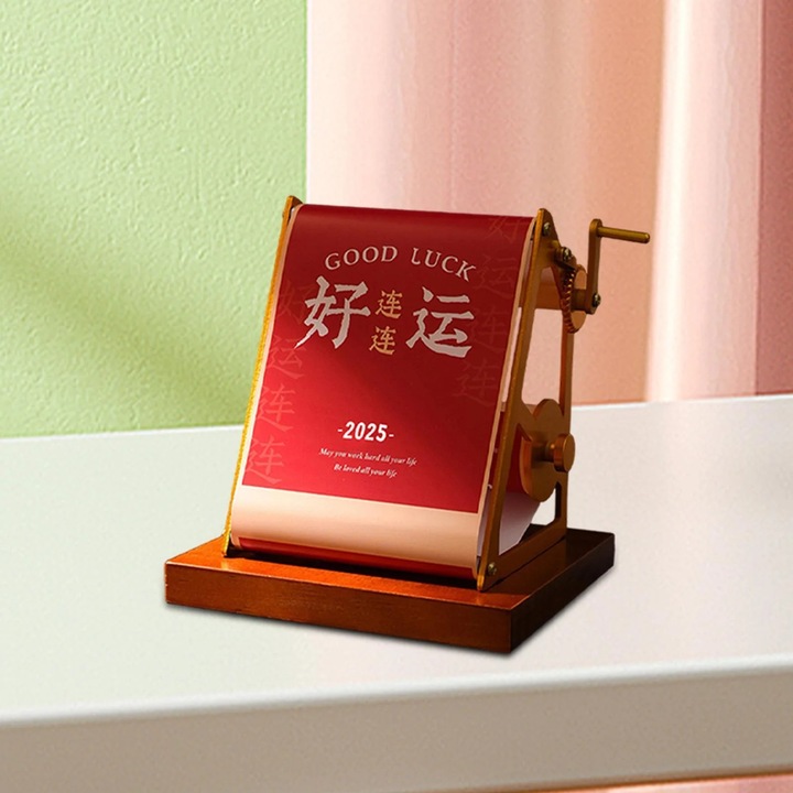 Calendar de birou YANYXR BCS3211947, mecanic cu manivela, suport din lemn masiv si cadru aluminiu auriu, rosu, 95 x 90 x 127 mm, 2025