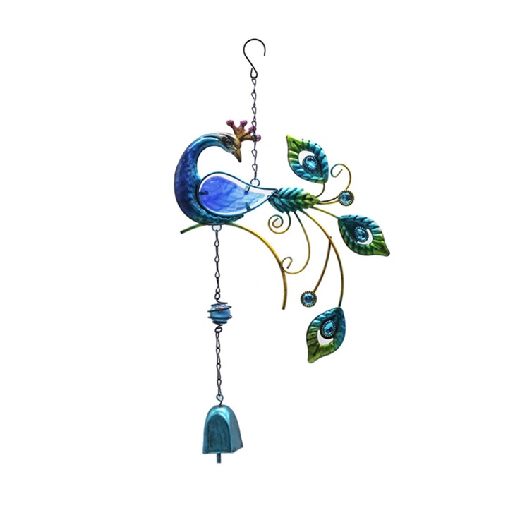 Clopotel de vant YANYXR BCS3216484, metal, design paun decorativ pentru gradina/terasa, albastru/verde, 46 x 24 cm