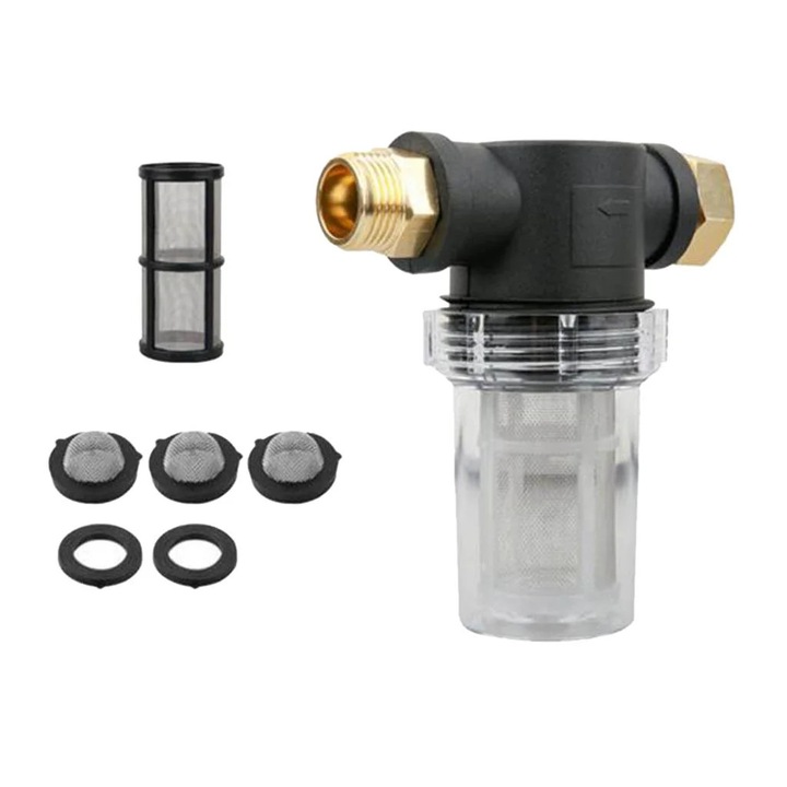 Filtru pentru furtun si aparat de spalat cu presiune Yanyxr BCS3216678, filet 3/4" (mascul) × 3/4", sita 40/100 mesh, include garnituri si sita de rezerva, Multicolor, 13 x 5.2 x 14 cm