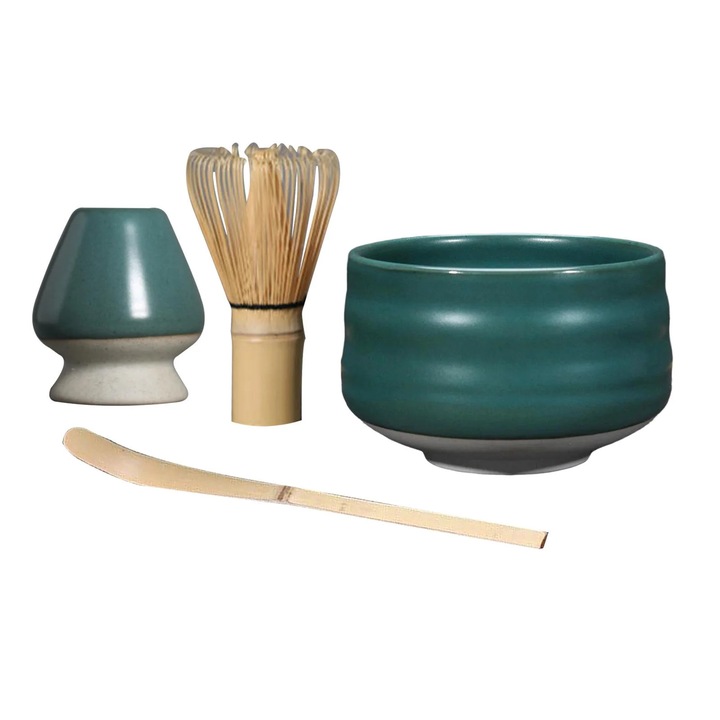 YANYXR BCS3220285 matcha készlet, kerámia bambusz habverővel, habverő tartóval és kanállal, matt zöld, 650 ml-es tál