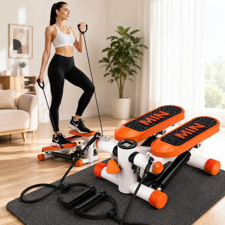 Mini Stepper Hidraulic Arvada® Fit, Benzi Elastice, Computer LCD, Saltea de Protectie, Rezistenta Reglabila, Pedale Antiderapante, Fitness si Cardio Acasa, Capacitate 120 kg, Portocaliu/Alb
