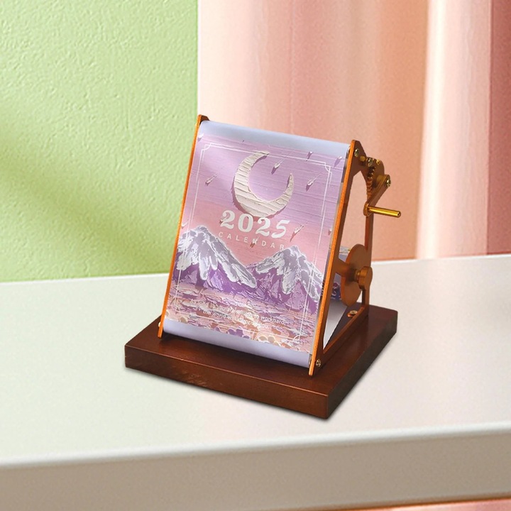 Calendar de birou YANYXR BCS3221422, mecanic cu manivela, baza din lemn masiv, cadru din aluminiu electroplacat auriu, calendar 2025, violet, 95 x 90 x 127 mm