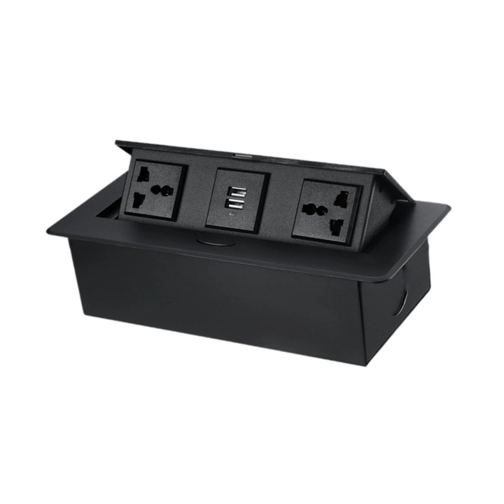 Priza incastrabila pentru birou YANYXR BCS3223709, 2 prize universale, 2 porturi USB 15W, din aliaj de zinc, negru, 22.5 x 11 x 6.8 cm