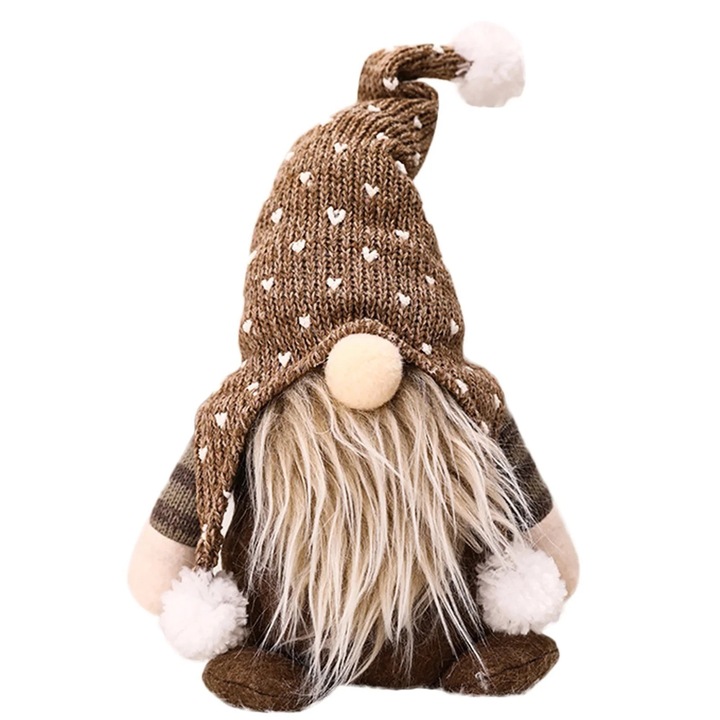Figurina gnom de Craciun YANYXR BCS3229588, papusa textila cu palarie tricotata si pompoane, maro cu alb, 15 x 8 x 6 cm