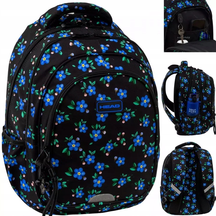 Rucsac scolar Head pentru fete, negru cu flori, capacitate mare