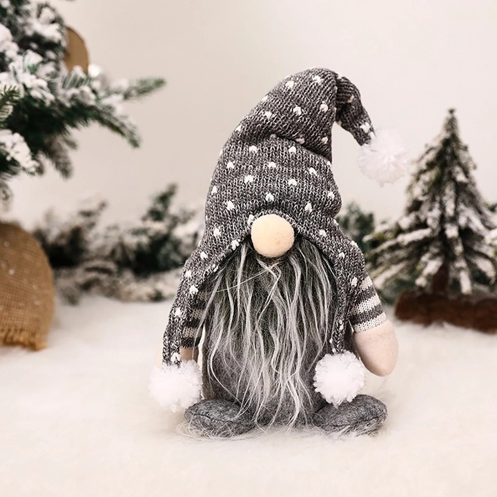 Figurina decorativa de Craciun YANYXR BCS3229716, gnom Tomte din material textil cu palarie tricotata si pompoane, gri, 15 x 8 x 6 cm