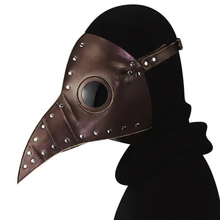 Masca din piele PU, tip doctor cu cioc lung steampunk cu nituri si lentile rotunde, maro inchis, marime universala