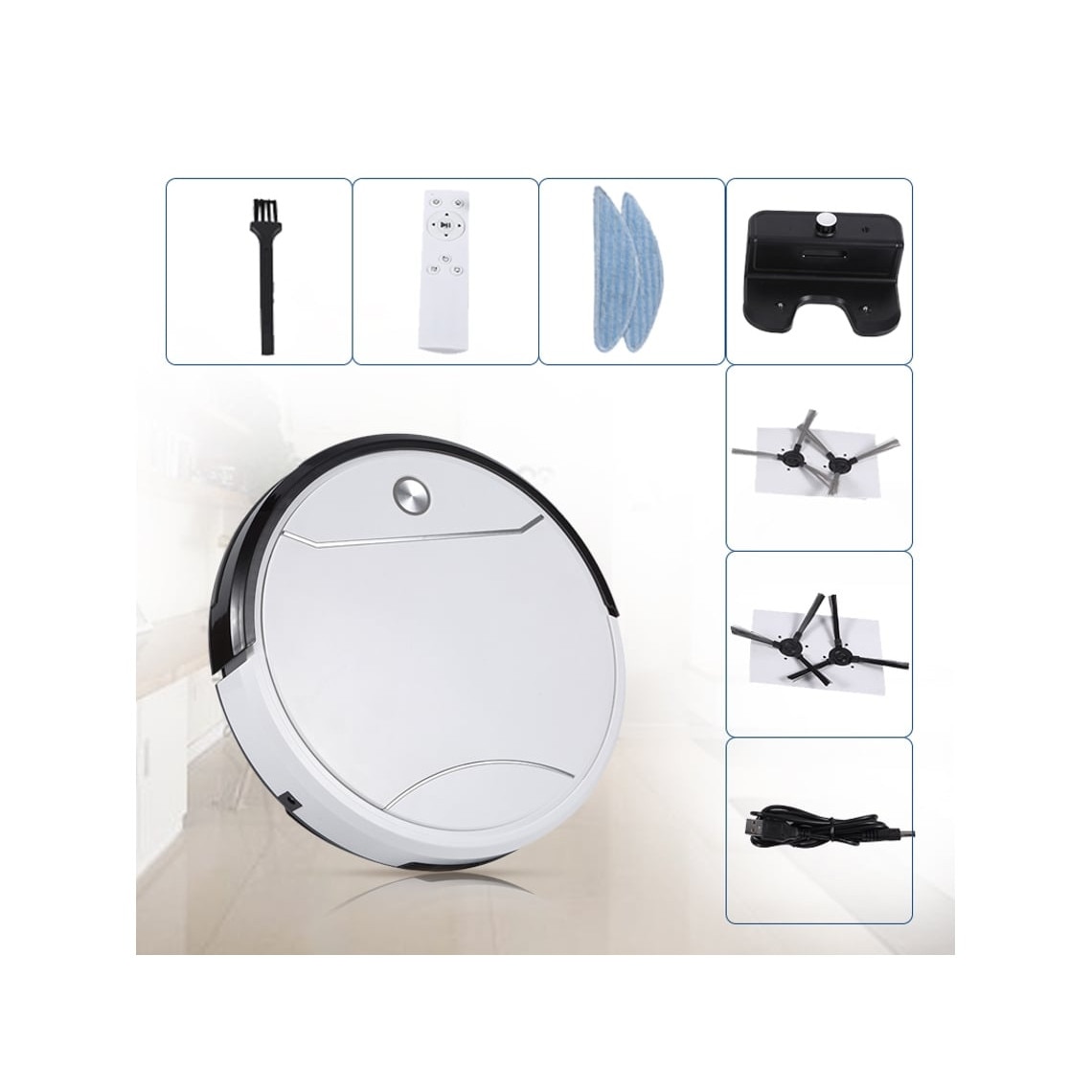 Aspirator robot emag01-WT532, 1500 Pa, 3-in-1 (aspirare, maturat, mop), UV sterilizare, baterie 2000 mAh, autonomie 70–90 min, reincarcare automata cu docking, telecomanda, incarcare USB, negru, 30x6.5 cm
