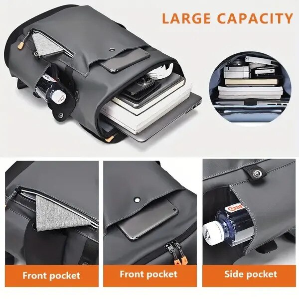 Rucsac din PU impermeabil cu compartiment pentru laptop, capacitate mare, model IZO-CJ-K0502-2026-0721-1169, gri/negru