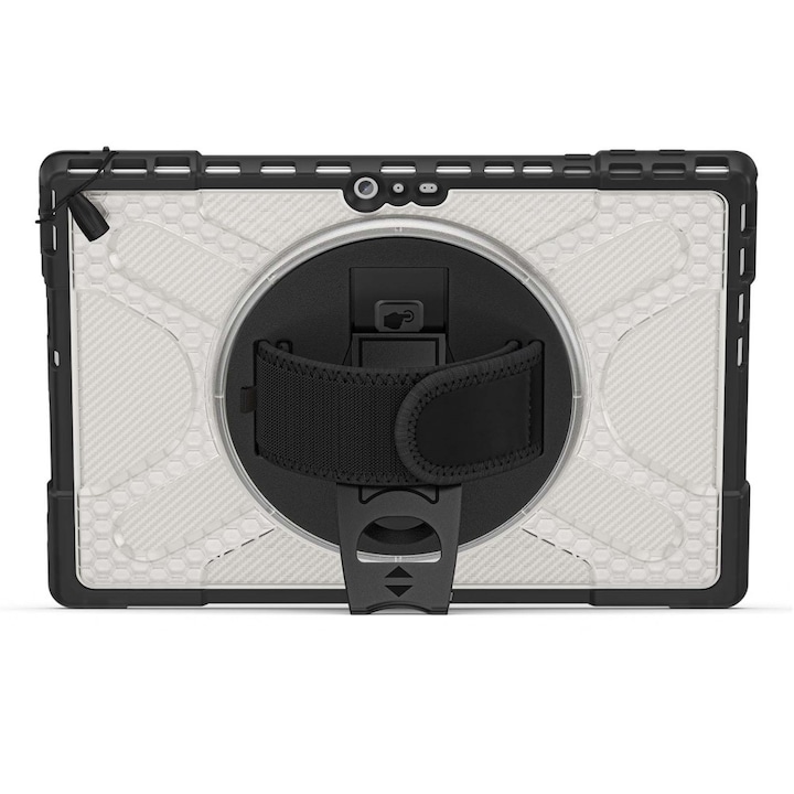 Carcasa pentru Microsoft Surface Pro 4/5/6/7/7+ emag01-WT14841, protectie dubla PC+TPU, colturi intarite, suport rotativ cu curea de mana, negru/transparent