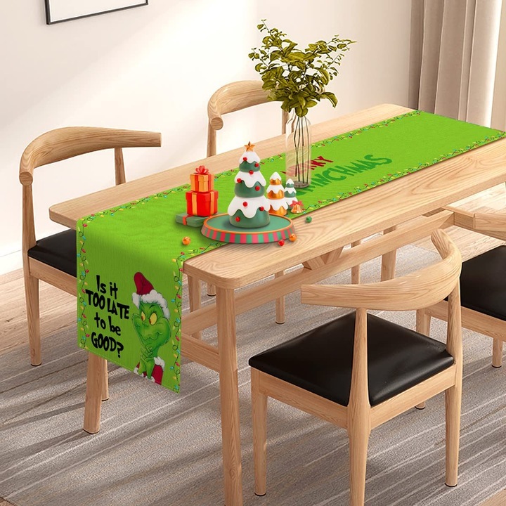 Karácsonyi témájú asztali futó Grinch mintával, rajzfilm nyomattal, zöld, K0323-0720-CJ11568