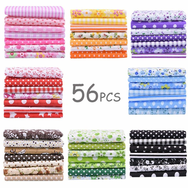 56 darabos pamut patchwork készlet K0323-0717-emag-6675, különböző minták, többszínű, 25 x 25 cm minden darab