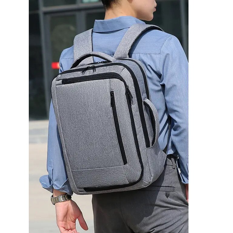 Rucsac pentru laptop din nylon, anti-furt, cu port USB de incarcare, rezistent la apa, manson pentru troller, gri, 16 inch