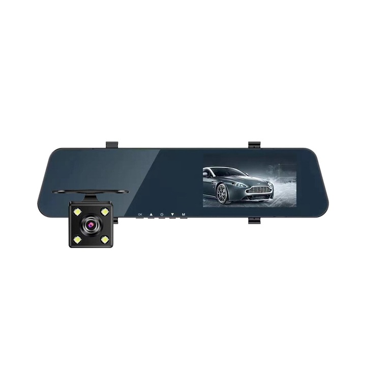 Oglinda retrovizoare cu camera DVR k0441-0717-QHeamg189512, 12 inch, camere duale front/spate HD1080p, night vision, asistenta parcare, negru