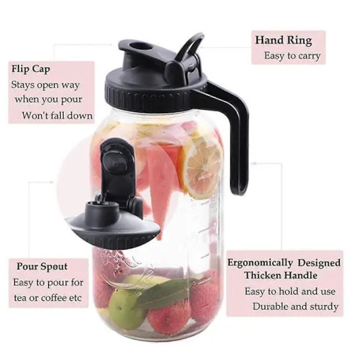 Carafa pentru cold brew 1,9 L din sticla groasa, filtru conic din inox 160 microni, capac flip etans cu parghie si maner ergonomic, negru