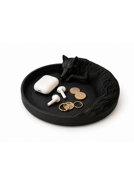 Dekoratív Tálca Kulcsoknak és Kiegészítőknek Wolf Catchall Tray – Íróasztali és Éjjeli Szervező, Alvó Farkas Design, Fekete