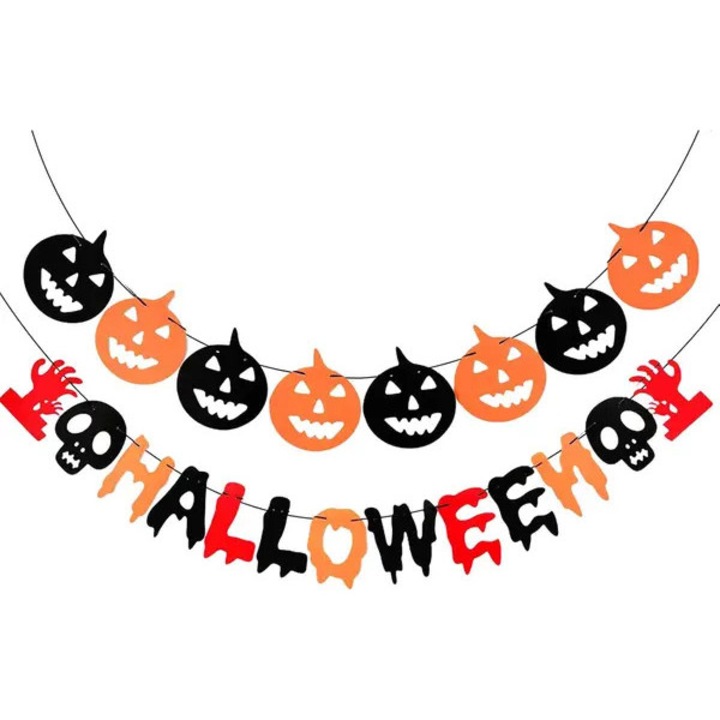 ISINI-CJ-K0497-260826-1413 Halloween dekoratív füzér, filc tökökkel, szellemekkel és 'HALLOWEEN' betűkkel, 2 zsinóros szett, 3 m, többszínű