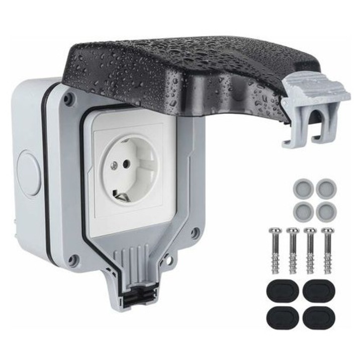 Priza de exterior IP66 MJ-K0446-260731-1278, 16 A 220–250 V, cu capac rabatabil incuietorabil, montare aplicata, din ABS, intrare cablu PG13.5, gri/negru