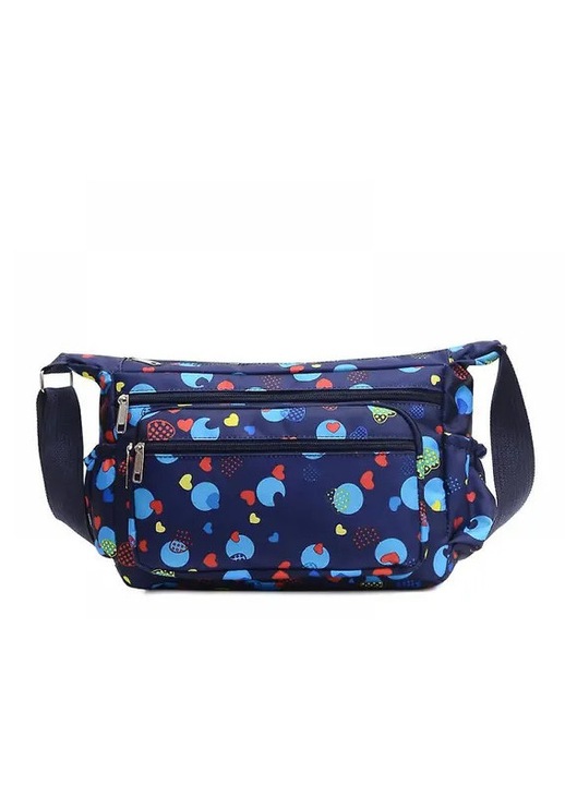 Geanta messenger din Oxford, cu imprimeu inimioare multicolor, buzunare frontale si portmoneda, model A916-1197 B, bleumarin