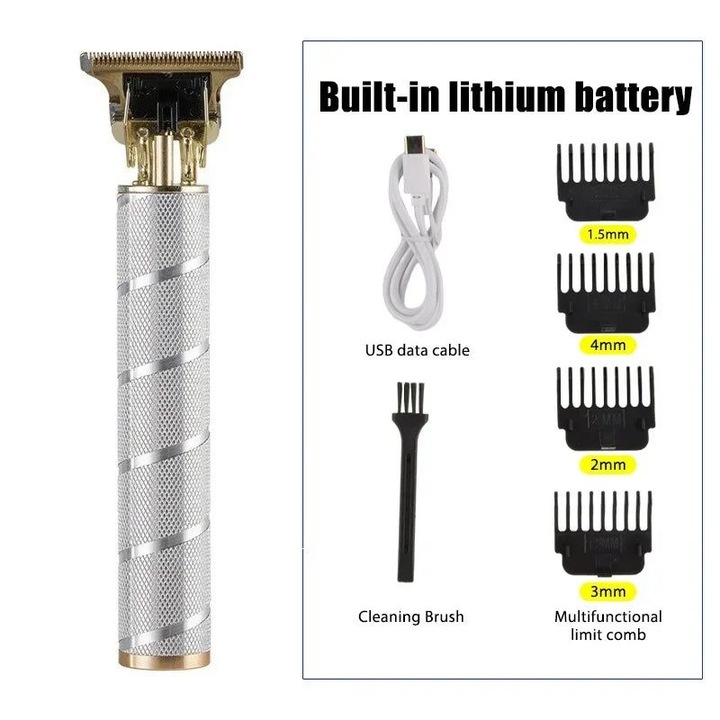 Aparat de tuns par T9 reincarcabil, lama din otel inoxidabil, incarcare USB, baterie litiu integrata, argintiu/auriu, include piepteni 1.5/2/3/4 mm