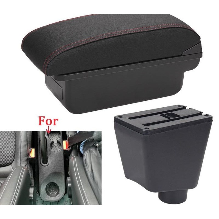 Автомобилен подлакътник за Renault Clio 3/Clio 4/Captur K0323-0806-CJ4007, от синтетична кожа и ABS с червени шевове, черен, 35x16x30 см