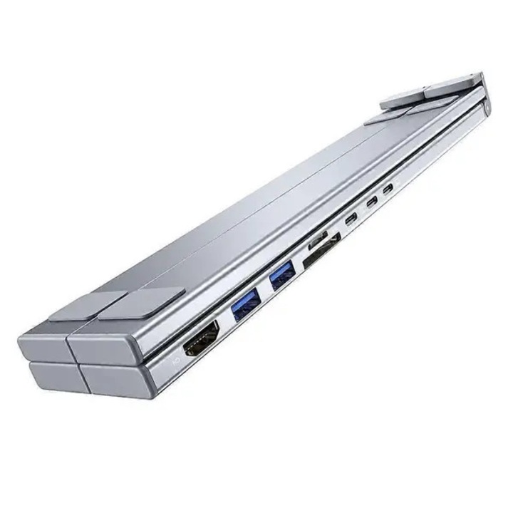 USB-C хъб 8-в-1 със стойка за лаптоп FRU-CJK0424-260710-904, HDMI 4K@30Hz, USB 3.0 x2, SD/TF, PD 100W, алуминий, сребрист, 24.75×266.2×55 мм