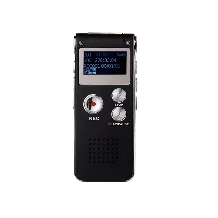 Dictafon digital k0441-0714-QHeamg160826, memorie 8GB, inregistrare 128 kbps, autonomie pana la 20 ore, carcasa metalica, doua microfoane, negru