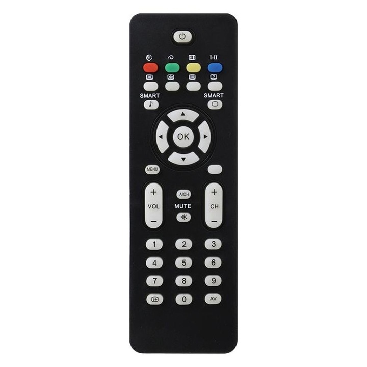 Telecomanda pentru TV compatibila cu Philips RM 627C, emag01-WT9265, carcasa rezistenta la soc, butoane rezistente la apa, functii identice cu originalul, negru/alb