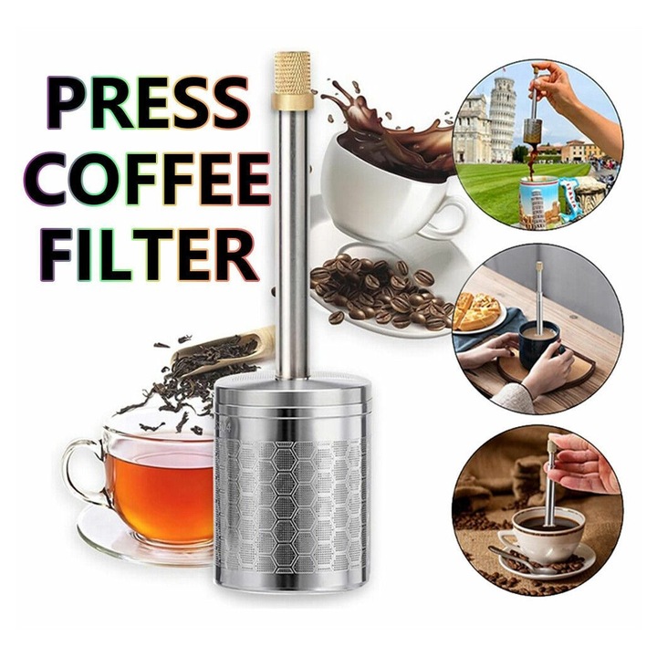 Filtru de cafea portabil K0312-0715-TD30915, presa reutilizabila din otel inoxidabil, argintiu