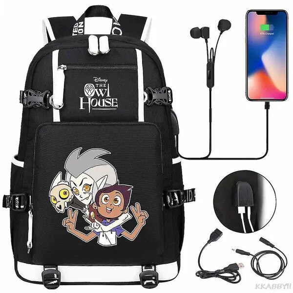 Rucsac pentru laptop din nylon cu imprimeu The Owl House, compartiment pentru laptop, port USB extern, rezistent la apa, negru/alb